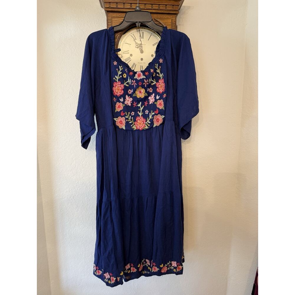 Glitzy Girlz Sundress Floral Embroidered Blue Off Shoulder Balloon 2X